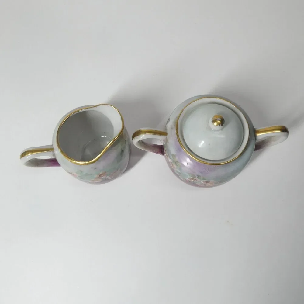 Creamer & Sugar Bowl Vintage Porcelain Floral Handpainted Signed Occupied Japan